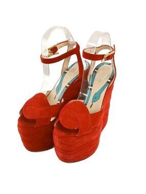 Gucci Sally Platform Wedge Sandals Suede Leather Ankle Strap Red
